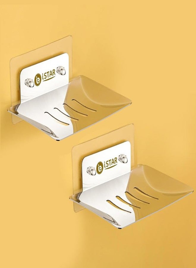 iSTAR Stainless Steel Rectangular Soap Dish Stand | Durable Self-Adhesive Drain Soap Case | Wall Mounted Bathroom Accessory for Washroom, Kitchensink, Washbasin, Hotel, Home (Chrome Finish, Pack of 2) - Image 1